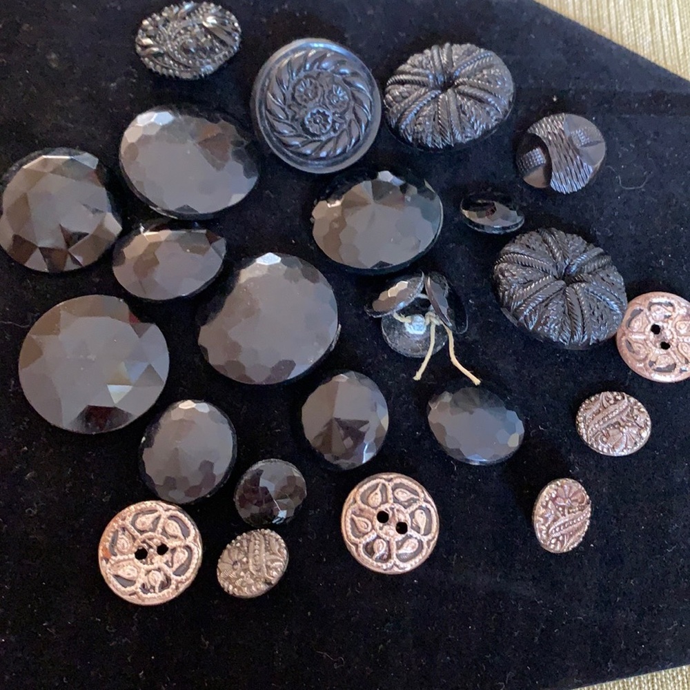 Antique Black Faceted Buttons and Decorative Silver Buttons. Lot of 25.
